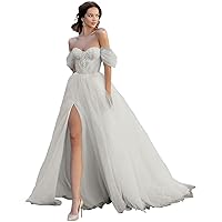 Wedding Dress A Line Split Applique Ball Gown for Bride with Detachable Long Sleeves