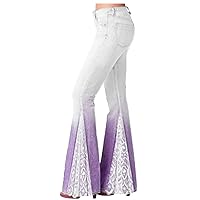 Womens Fashion Lace Patchwork/Floral Deinm Flare Pants Summer High Waist Casual Slim Fit Button Fly Jean Long Pants