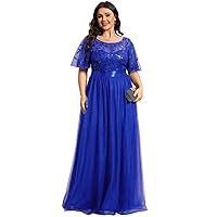 Blue Dress Plus Size Women's Embroidery Evening Dresses with Short Sleeve