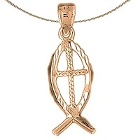 Christian Fish With Cross Necklace | 14K Rose Gold Christian Fish With Cross Pendant with 18