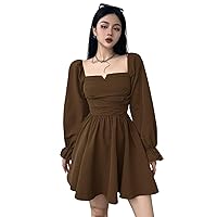 Vintage Long Sleeve Dress Women Elegant Puff Sleeve Square Collar Mini Dresses Brown A-LINE