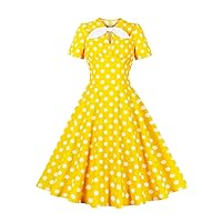 Bow Neck Polka Dot High Waist Vacation Vintage Outfits for Women Short Sleeve Summer Retro Dresses