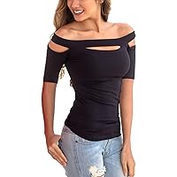 Womens Sexy Boat Neck Cut Out Tops Off The Shoulder Summer Short Sleeve Slim Fit Shirts Blouse Black M