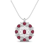 MOONEYE 7X5MM Oval Ruby Glass Filled Art Deco Filigree Design 925 Sterling Silver Floral Style Wedding Pendant Necklace