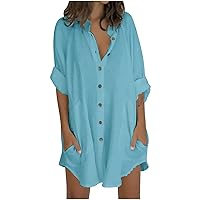 Women's Button Down Shirt Dress Round Neck Casual Summer Solid Color Flowy Beach Swing 3/4 Sleeve Knee Length Line Dress Blue