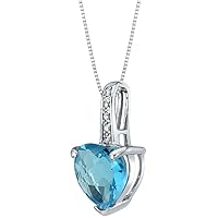 14K White Gold Plated 925 Sterling Silver Heart Shape Created Genuine Swiss Blue Topaz and Diamond Heart Pendant for Her