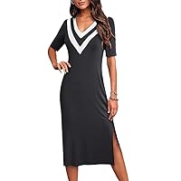 Women Casual Daily V Neck Half Sleeve Color Block Slit Fitted Midi Straight Dress