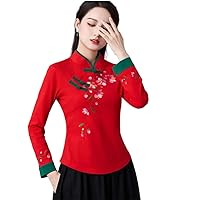 Cheongsam Women' Plus Size Autumn Blend Embroidery Splicing Long Sleeve Chinese Retro Qipao Shirts Woman