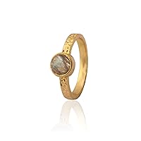 Gemstone Round Shape Gold Plated Brass Single Stone Ring | Labradorite Handmade Statement Bezel Sett Ring | Gift For Her Jewelry | 2120 17