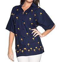 LA LEELA Women's Summer Casual Blouse Shirt Solid Blouses Short Sleeve Button Up Dress Tops Tee Hawaiian Shirts for Women L Plus Size Tiny Palm, Navy Blue