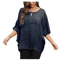 Plus Size Top for Women Summer Crew Neck Casual Loose 3/4 Sleeves Tunic Tops (Pleated Dark Blue Blouse 2XL)