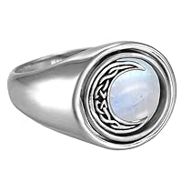 Sterling Silver Celtic Crescent Moon Flip Ring with Rainbow Moonstone (Sizes 4-15)