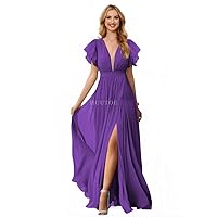 HUUTOE Ruffle Sleeves Bridesmaid Dresses for Wedding V Neck Chiffon Long Formal Dresses for Women Evening with Slit