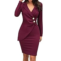 Women's Button Hip Wrap Work Dress, Solid Color Casual Long Sleeve Business Pencil Dress, Cosy V-Neck Office Dresses 2023
