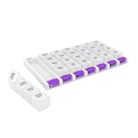 EZY DOSE Weekly (7 Day) 4 Times a Day Push Button Pill Organizer and Vitamin Planner, Removable Daily Pillboxes, Purple, Clear Lids, Small
