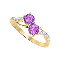 Round Cut Amethyst & White Diamond 18k Gold Over .925 Sterling Silver Two-Stone Engagement Band Rings for Women's