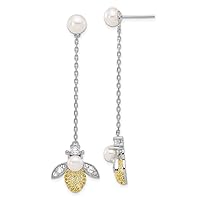 925 Sterling Silver Rhodium Flash Gold Plated Fwc Pearl CZ Cubic Zirconia Simulated Diamond Bee DReligious Guardian Angel Earrings Measures 61x16.25mm Wide Jewelry for Women