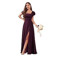 Women's Long Chiffon Bridesmaid Dresses for Wedding Ruffle Sleeve A Line Evening Formal Party Dress with Slit U006