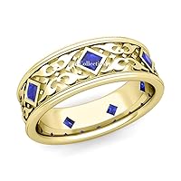 Celtic Wedding Ring for men Princess cut sapphires bezel set carved Celtic knot band In 925 Sterling Silver