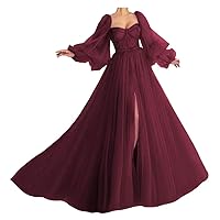 Princess-Cut Ball Gowns with Long Sleeves A Line Prom Dress Long Tulle Evening Dress Sweetheart Neck Formal Dress
