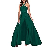 VeraQueen Women's Halter Sleeveless Prom Dresses Jumpsuit Satin Backless Sweep Train Pants Suits Evening Gowns