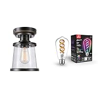 Globe Electric 44301 Charlie 1-Light Oil Rubbed Bronze Outdoor Semi-Flush Mount Ceiling Light+35847 Wi-Fi Smart 7W(60W Equivalent)Multicolor Changing RGB Tunable White Clear LED Light Bulb,ST19 Shape