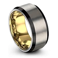 Tungsten Wedding Band Ring 10mm for Men Women Bevel Edge Grey Black 18K Yellow Gold Brushed Polished