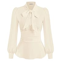 GRACE KARIN Women's Long Sleeve Peplum Dressy Shirt Office Bow Tie Work Blouses Tops Smocked Waist