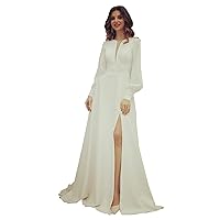 Women's Sexy High Split Soft Satin Wedding Dresses for Women Elegant Scoop Long Sleeves Bride Gowns