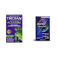 TROJAN Extended Pleasure Climax Control Extended Pleasure Condoms, 12 Count & Durex Condom Prolong Natural Latex Condoms, 12 Count - Ultra Fine, Ribbed and Dotted with delay Lubricant, Regular Fit