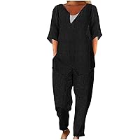 Cotton Linen Sets for Women 2 Piece Summer Outfits Asymmetrical U Neck Tops and Long Pants Tracksuits Lounge Sets