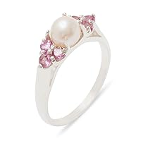 925 Sterling Silver Cultured Pearl & Pink Tourmaline Womens Cluster Anniversary Ring