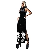 Womens Fall Fashion 2022 Chinese Dragon Print Split Thigh Velvet Dress Without Gloves (Color : Black, Size : Small)