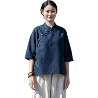 Women's Half Sleeve Chinese Style Linen Top Blouses with Split Sides