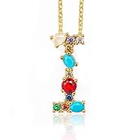 Women Large Initial Colorful Rhinestones Gold Plated Necklace 26 Letter Pendant