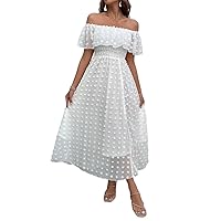 Dress Stunning Swiss Dot Off Shoulder Dress with Ruffle Trim and Split Thigh