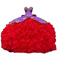 Mollybridal Red Floral Flowers and Ruffles Sweetheart Ball Gown Quinceanera Prom Dresses Mexican Style 2024 Gold Buttons Bows