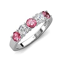 Round Pink Tourmaline & Natural Diamond 1.10 ctw Side Gallery Women 5 Stone Stackable Wedding Band 14K Gold
