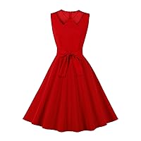 Women Sleeveless Peter Pan Collar Vintage Cocktail Party Dress 50s Flared A-Line Rockabilly Prom Swing Dress with Belt