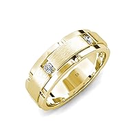 Round Natural Diamond 0.24 ctw Satin Finished Center and Polished Edges with Grooved Lines Men Wedding Band 14K Gold