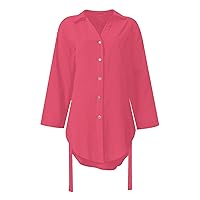 Womens Short Sleeve Button Down Shirts Collared V Neck Tops Blouses Business Casual Floral Skirt with Slit