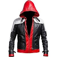 Men's Red Hood Jacket Mens Arkham Jason Bat Logo Black & Red Costume Biker Leather Jacket