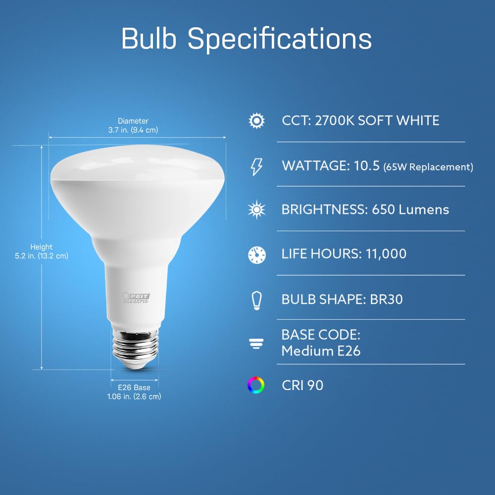 Feit Electric LED BR30 Light Bulbs, 65W Equivalent, Dimmable, 10 Year Life, 650 Lumens, 2700K Soft White, E26 Base Recessed Can Light Bulbs, Flood Light Bulbs, Damp Rated, 12 Pack, BR30DM/10KLED/MP/12