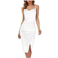 Cocktail Dresses for Women 2024 Sleeveless Tank Sexy Strap Wrap Dress Ruched Slit Party Midi Dress