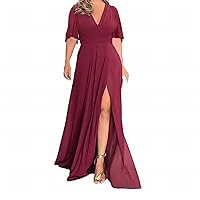 3X Womens Dresses Plus Size,Women's Chiffon Split V Neck Temperament Solid Color Long Dress Wine Color Dresses