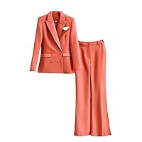 Women Suit Orange Plain Color Luxury Blazer Wide Leg Trousers Outfits for Fashion 2Pcs