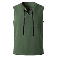 Men's Casual T-Shirt Cotton Linen t-Shirt V Collar Young Men's Youth Sleeveless Green