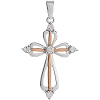 925 Sterling Silver 32x17mm Polished Diamond Religious Faith Cross Pendant Necklace With Rose Gold Plat Jewelry for Women