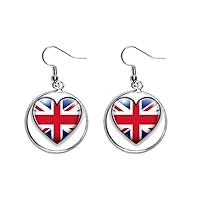 Union Jack Heart-shaped Britain UK Flag Ear Dangle Silver Drop Earring Jewelry Woman