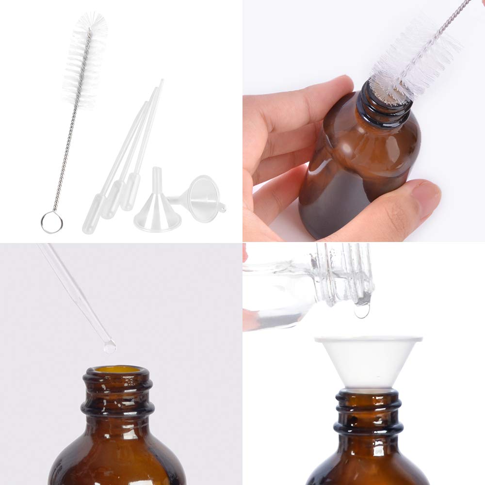 12 Pack 2oz 60 ml Amber Glass Spray Bottles with Fine Mist Sprayer & Dust Cap for Essential Oils, Perfumes,Cleaning Products.Included 1 Brush,2 Extra Sprayers,2 Funnels,3 Droppers & 24 Labels.
